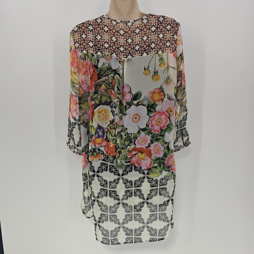 Soft Surroundings Tunic Top Womens Small Sheer Floral Boho Black White Blouse - Picture 3 of 9